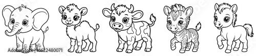 Baby Zoo and Farm Animal Coloring Pages. Elephant, Camel, Cow, Zebra, Horse, 

