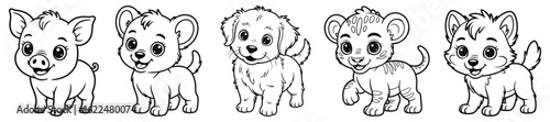 Baby Farm and Wild Animal Coloring Pages. Pig, Bear, Dog, Lion, Wolf,

