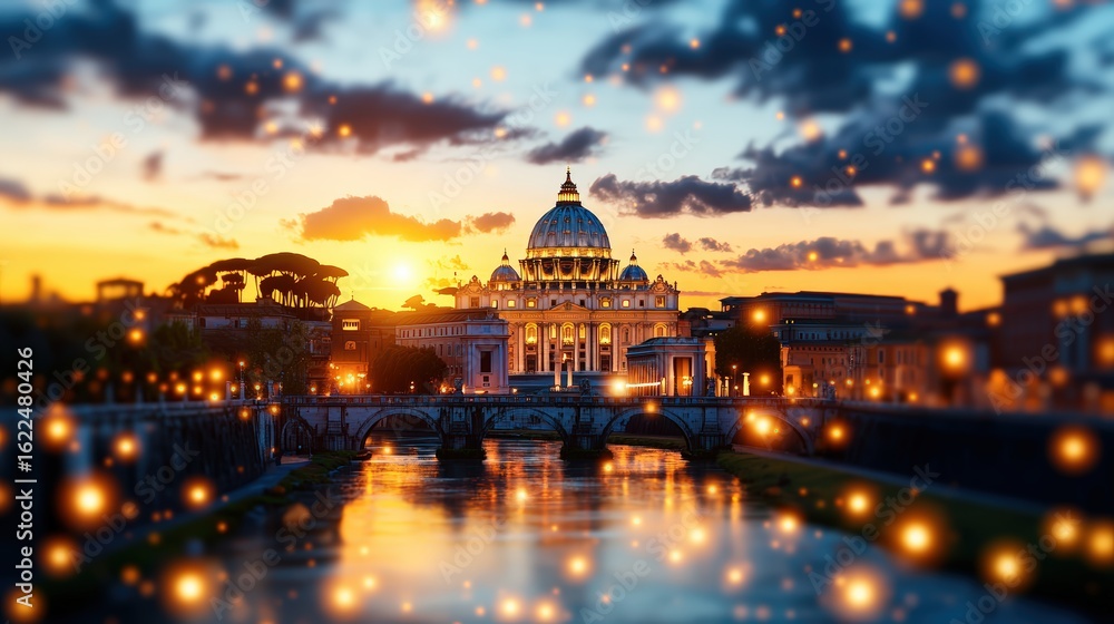 Obraz premium Scenic view of St. Peter's Basilica du sunset with illuminated cityscape and river reflections in Rome Italy