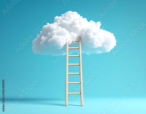 Wooden ladder reaching up to a fluffy cloud