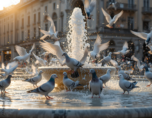 piegons flying near the fountain