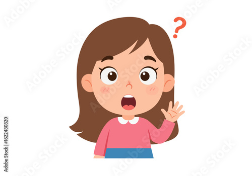 A young girl with wide eyes and an open mouth, looking confused with a question mark above her head, raising her hand.