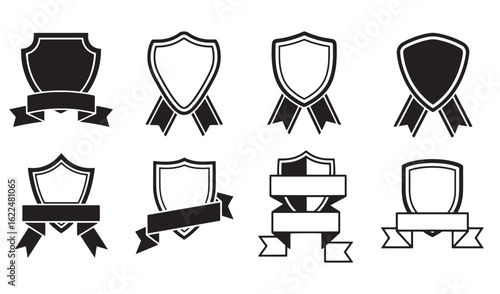 Set of vector shields and ribbons in black and white for badges and emblems design