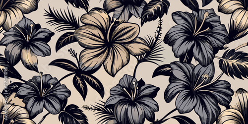 Hibiscus flower Hawaiian tropical seamless pattern. nature floral abstract back ground.tropical pattern, graphic print, pacific islands, printmaking technique, backgrounds, hibiscus,
