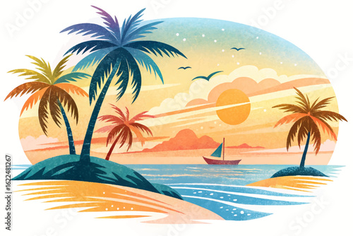 Serene tropical beach at dawn featuring gentle waves, leaning palm trees, and a distant fishing boat. Perfect tranquil coastal scene for summer travel themes