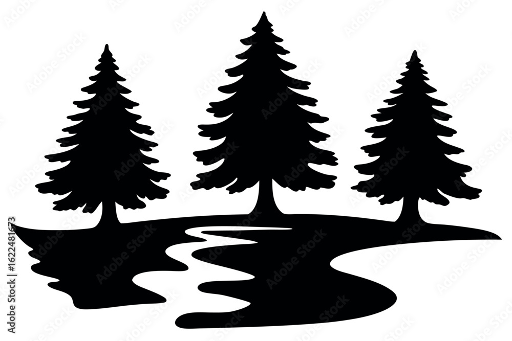 Fototapeta premium Three evergreen trees stand beside a meandering river silhouette on a white backdrop
