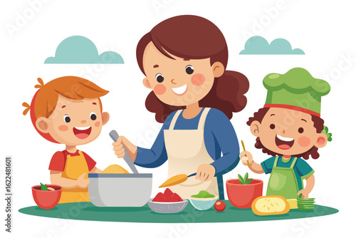 This wholesome cooking scene represents family bonding, learning, and home traditions. Ideal for educational content, parenting blogs, recipe books, and family-themed advertisements.
