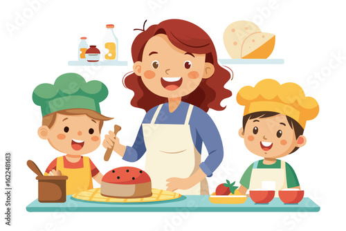 This wholesome cooking scene represents family bonding, learning, and home traditions. Ideal for educational content, parenting blogs, recipe books, and family-themed advertisements.
