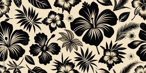 Hibiscus flower Hawaiian tropical seamless pattern. nature floral abstract back ground.tropical pattern, graphic print, pacific islands, printmaking technique, backgrounds, hibiscus,