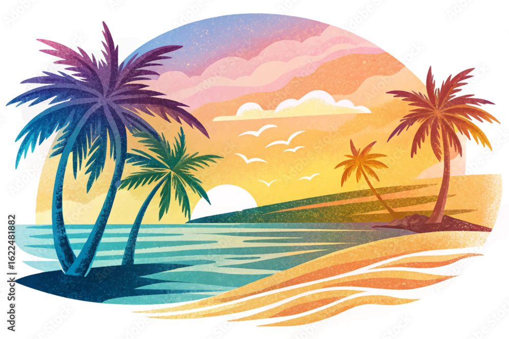 Fototapeta premium Serene tropical beach at dawn featuring gentle waves, leaning palm trees, and a distant fishing boat. Perfect tranquil coastal scene for summer travel themes