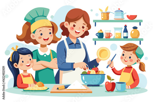 This wholesome cooking scene represents family bonding, learning, and home traditions. Ideal for educational content, parenting blogs, recipe books, and family-themed advertisements.
