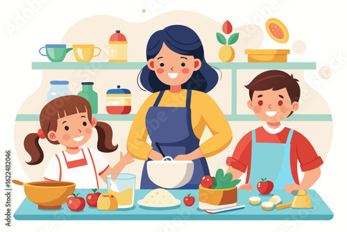 This wholesome cooking scene represents family bonding, learning, and home traditions. Ideal for educational content, parenting blogs, recipe books, and family-themed advertisements.
