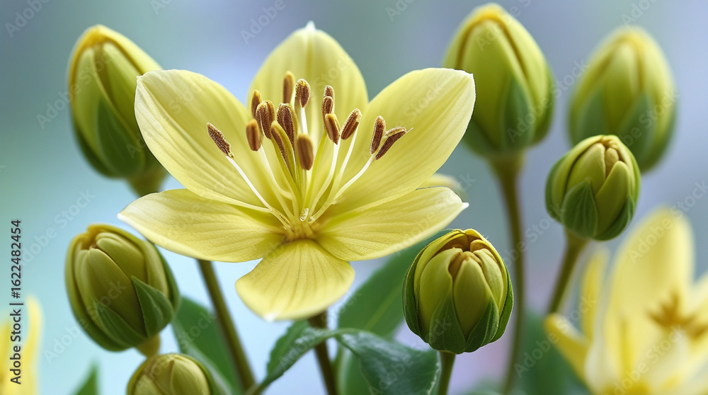 Obraz premium Yellow flower with buds green buds petals