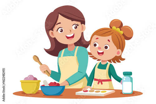 This wholesome cooking scene represents family bonding, learning, and home traditions. Ideal for educational content, parenting blogs, recipe books, and family-themed advertisements.
