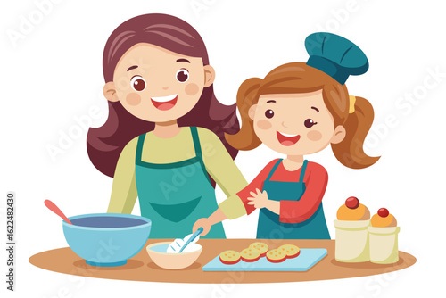 This wholesome cooking scene represents family bonding, learning, and home traditions. Ideal for educational content, parenting blogs, recipe books, and family-themed advertisements.
