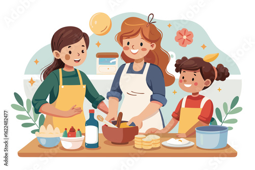 This wholesome cooking scene represents family bonding, learning, and home traditions. Ideal for educational content, parenting blogs, recipe books, and family-themed advertisements.
