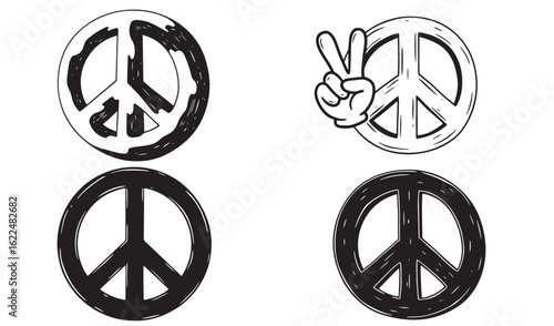 Various peace symbols with hand gesture sketches in black and white for design elements