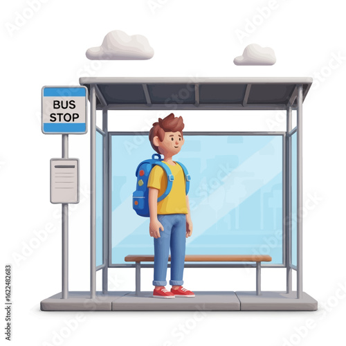 A young boy with a backpack waits patiently at a bus stop.