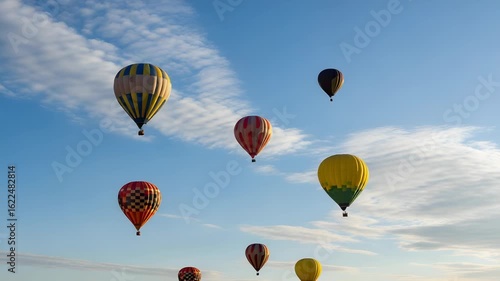Dynamic Multicolored Hot Air Balloons Ascending in a Bright Blue Cloudy Sky