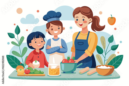 This wholesome cooking scene represents family bonding, learning, and home traditions. Ideal for educational content, parenting blogs, recipe books, and family-themed advertisements.
