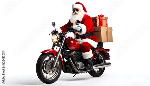 Santa Claus on a motorcycle with gifts