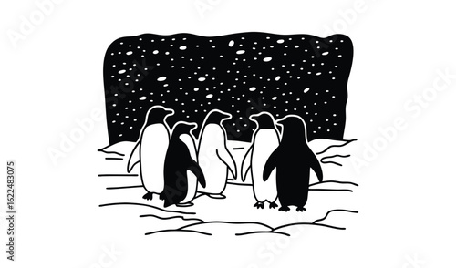 A group of penguins standing together under a starry night sky