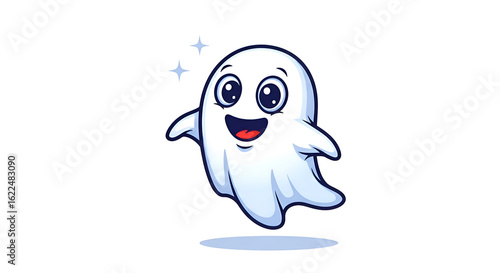 A cheerful cartoon ghost floating with a happy expression, sparkling.