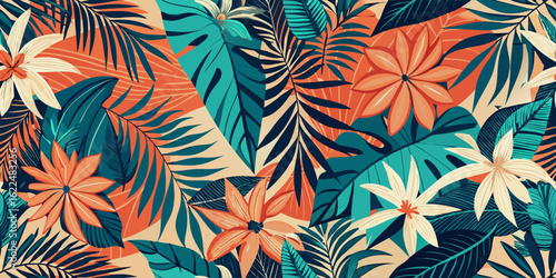 Abstract palm leaves seamless pattern. flora pattern with line art style background.palm tree, branch - plant part, leaf, abstract, illustration, pattern, background, plant, summer, graphic, luxury, 