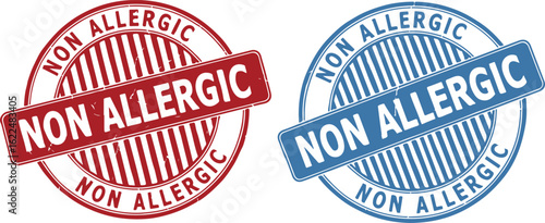 Red and blue "NON ALLERGIC" rubber stamps on white background