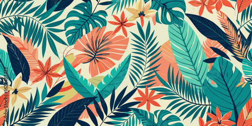 Abstract palm leaves seamless pattern. flora pattern with line art style background.palm tree, branch - plant part, leaf, abstract, illustration, pattern, background, plant, summer, graphic, luxury, 