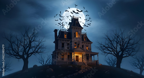 Haunted Victorian mansion at night under a full moon, surrounded by spooky trees and bats.