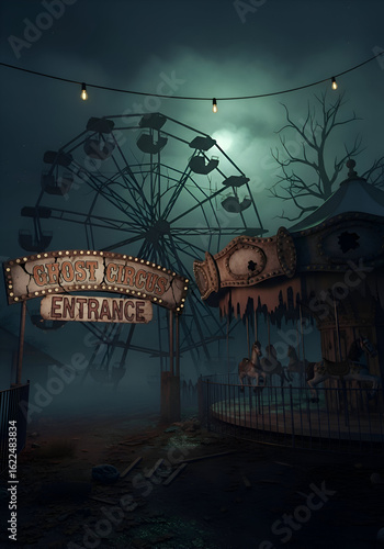 An abandoned amusement park with a Ferris wheel, carousel, and entrance sign, all shrouded in fog and darkness.