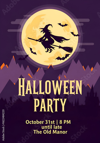 A witch on a broom flies past a full moon, advertising a Halloween party.