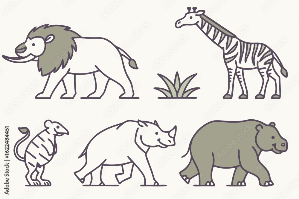 Naklejka premium Collection of african safari animals in a simple line art style isolated on white background