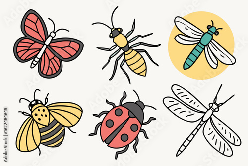 Collection of six colorful cartoon insects isolated on white background