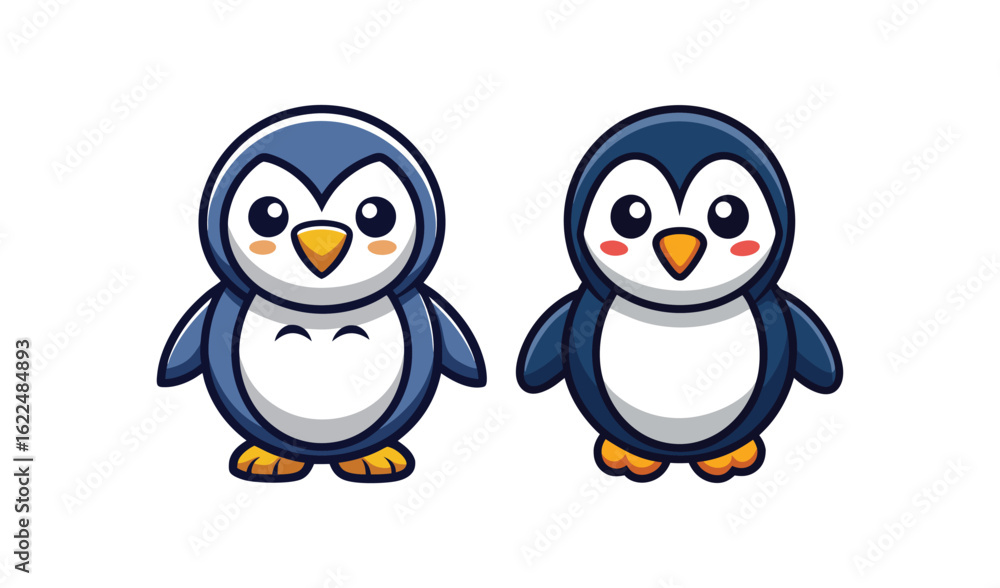 Fototapeta premium Cute cartoon penguins standing side by side with happy expressions