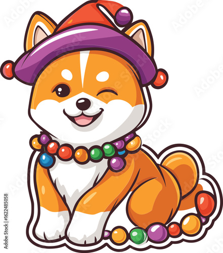 Playful cartoon Shiba Inu dog winking with colorful Mardi Gras beads