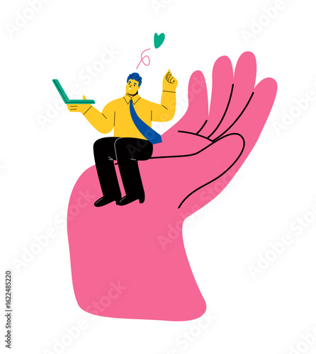 Business man sitting on a hand palm. Support concept. Flat vector illustration isolated on white background