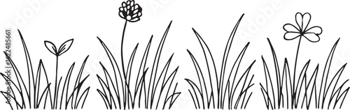 hand drawn grass field outline with sprout flower and clover, sketch style vector background