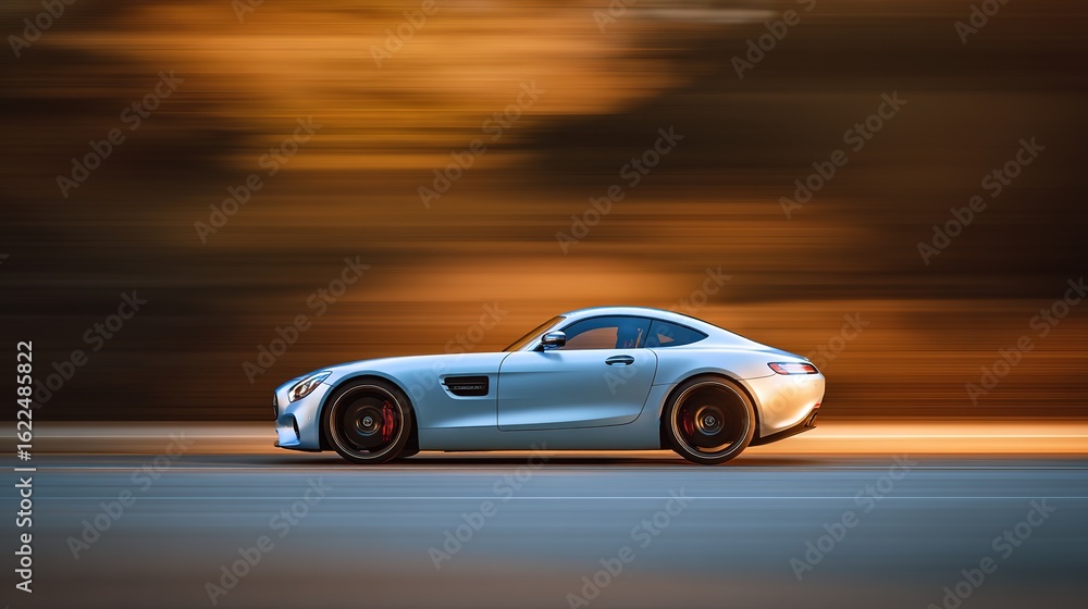 Fototapeta premium A sleek sports car in motion, showcasing speed and dynamic lighting on a simple road.