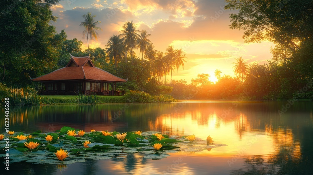 Fototapeta premium Tropical sunrise over serene lake