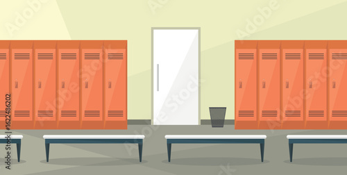 Interior of a locker room with lockers and benches. Locker room in a swimming pool or stadium.