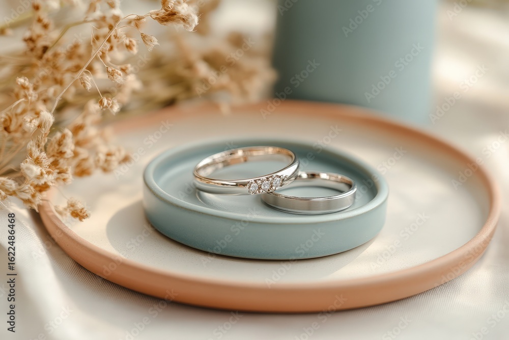 Naklejka premium Delicate wedding rings rest on a pastel-toned dish.