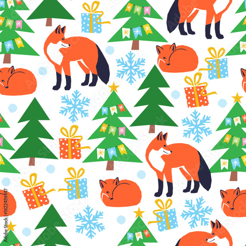 Vector seamless Christmas pattern with foxes in the forest