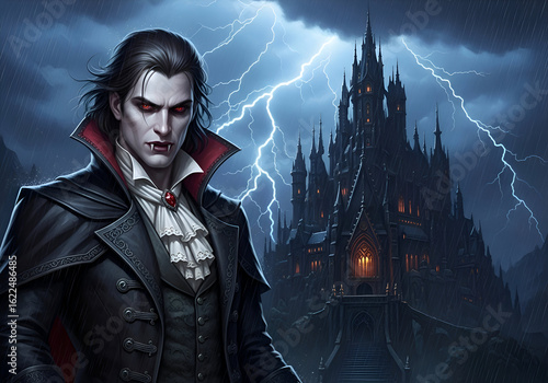 Dark vampire in classic attire stands before a gothic castle during a stormy night.