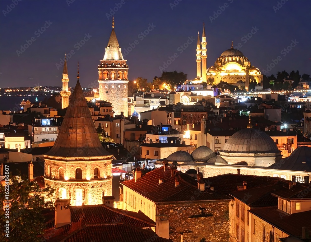 Obraz premium Istanbul's Galata Tower and Mosque at Night: A Glimpse into Turkey's Rich History
