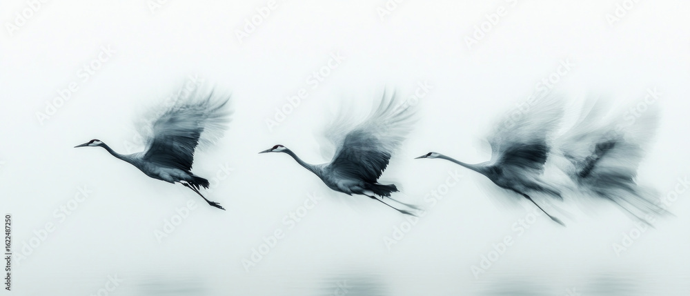 Obraz premium Black and white silhouettes of birds in flight on sky background. Ideal for nature articles, travel blogs, educational materials about birds.