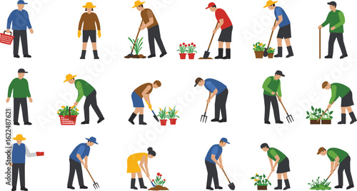 Group of diverse gardeners planting flowers, harvesting crops, eco outdoor work, gardening tools illustration, farming activity, colorful vector design, horticulture scene