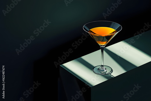A martini glass with a bright cocktail on a green background.