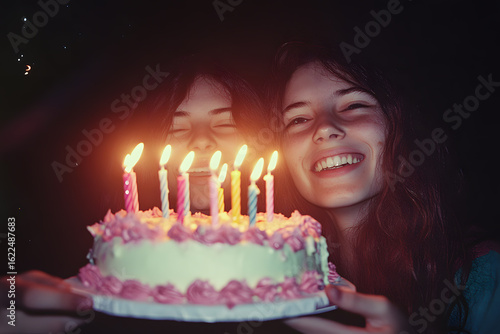 Two young girls are holding a cake with candles, smiling.